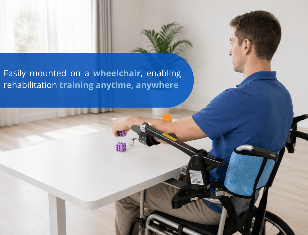 Easily mounted on a wheelchair enabling rehabilitation training anytime anywhere
